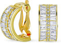 Fashion Bridal Wedding 3 Row Pave Crystal Dome Endless Hinged Huggie Hoop Clip On Earrings For Women Non Pierced Ears Yellow Gold Silver Plated