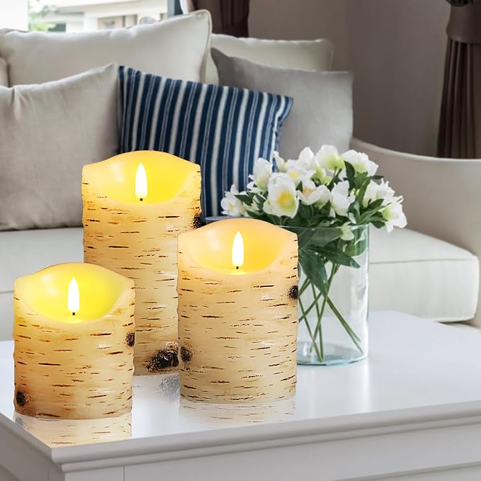 qinxiang Flameless Candles LED Candles Birch Bark Set of 3 Ivory Real Wax - Image 4
