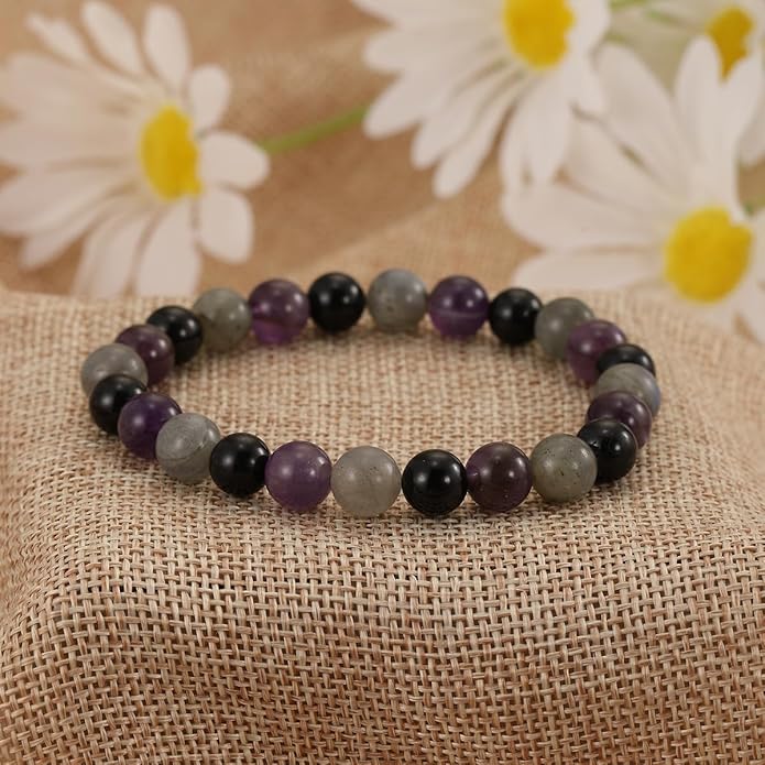 Crytsal Vibe Ultimate Protection Bracelet - Labradorite – Amethyst – Black Tourmaline - 8mm Beaded Bracelet for Protection - Elastic Adjustable Size