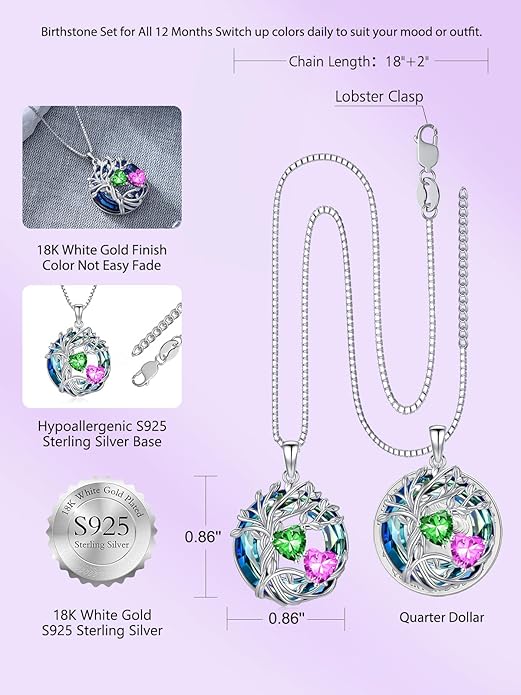 TOUPOP s925 Sterling Silver Family Celtic Tree of Life Pendant Necklaces with 2 Heart Birthstone with Blue Austrian Crystal Jewelry Birthday Valentines Day Gifts for Her, Anniversary Christmas Gifts for Wife Girlfriend Mom (18K Real White Gold Filled)