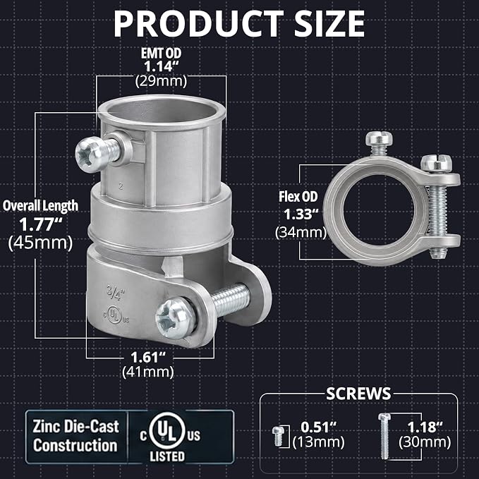 3/4" Squeeze EMT to Flex Coupling, UL Listed, 10 Pack | Zinc die-cast couplings - Image 2