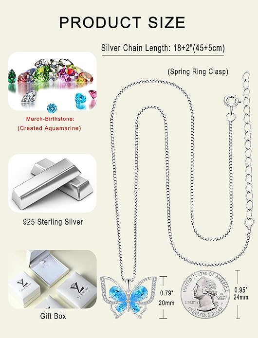 YL Women's Butterfly Necklace 925 Sterling Silver Flower Rose Pendant Birthstone Halo Jewelry