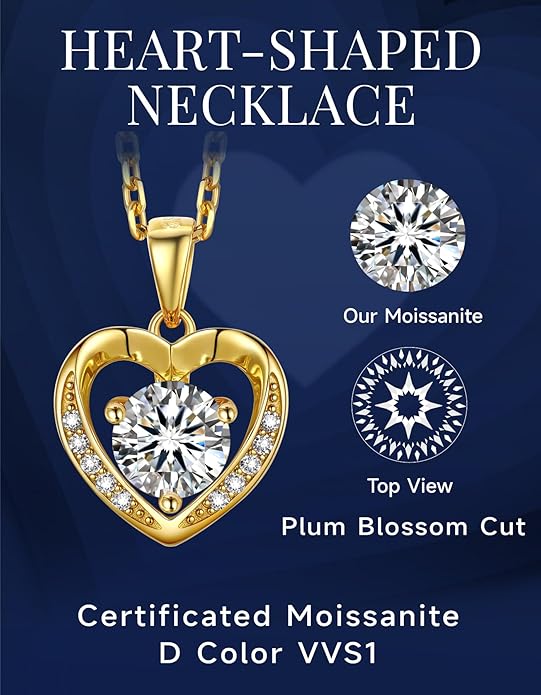 MomentWish Heart Necklace for Women Moissanite, Simulated Diamond, 925 Sterling Silver