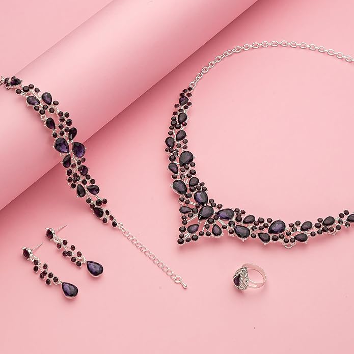 Crystal Bridal Wedding Jewelry Sets for Women Rhinestone Teardrop Crystal Statement Choker Necklace Drop Earrings Link Bracelets Rings Teardrop Jewelry Set for Brides Bridesmaids