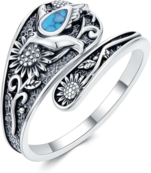 JKR Turquoise Spoon Rings for Women Sterling Silver Vintage Antique Thumb Ring Boho Jewelry Anniversary Birthday Gift for Wife Her Mom