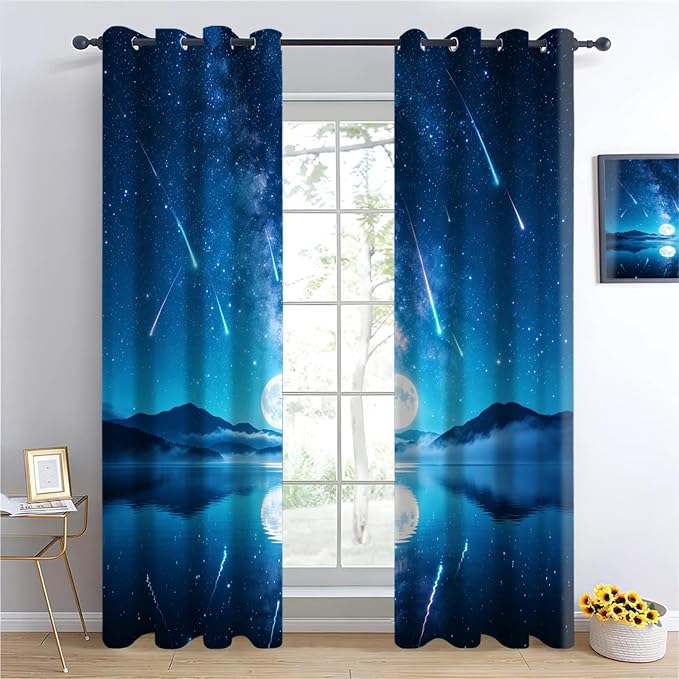 Starry Sky Curtains, Meteor Shower on a Moonlit Night Blackout Curtains 96 - Image 4