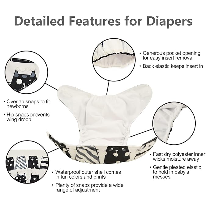 Babygoal Reusable Neutral Cloth Diapers 6 Pack with 10pcs Inserts, One Size Adjustable Washable Pocket Nappy Covers for Baby Boys and Girls 6FB02