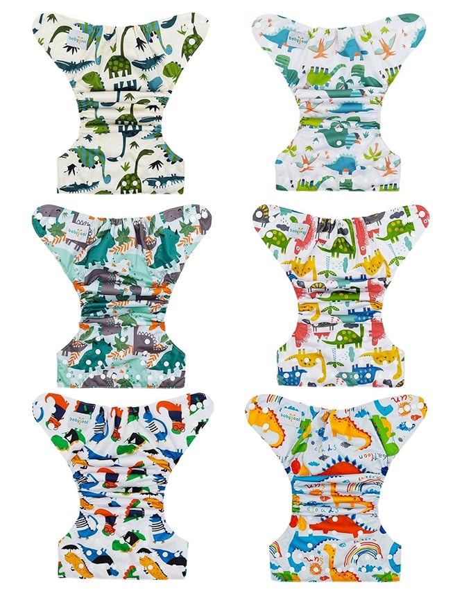 babygoal Dinosaur Cloth Diapers Pack of 13, Baby Reusable Washable Pocket Nappy, 6pcs Diapers+6pcs Rayon from Bamboo Inserts+Wet Bag 6FB16-MB-B