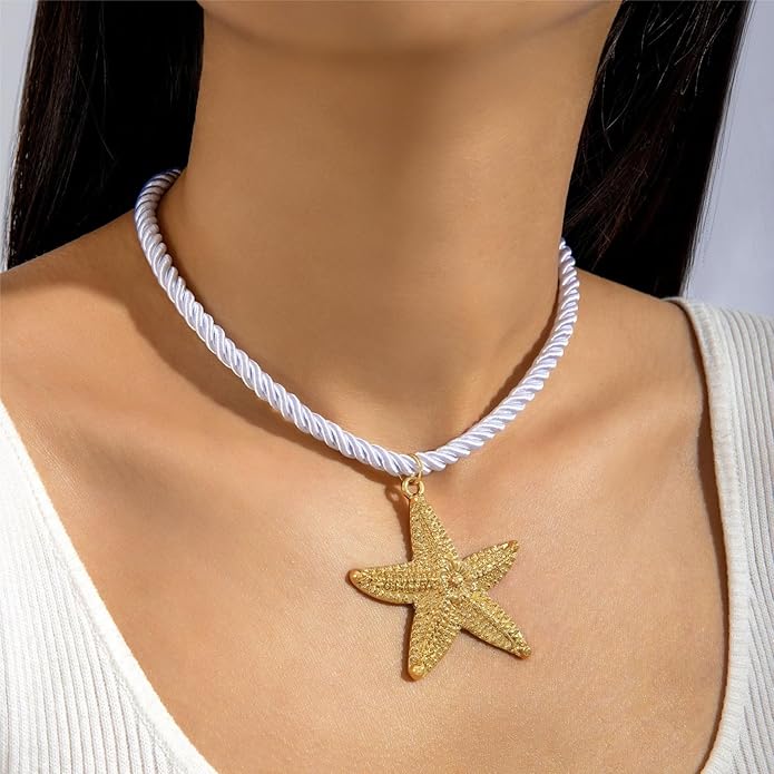 Starfish Necklace for Women,Vintage Gold Starfish Pendant Necklace Boho Colorful Rope Necklace Beach Party Classic Accessory