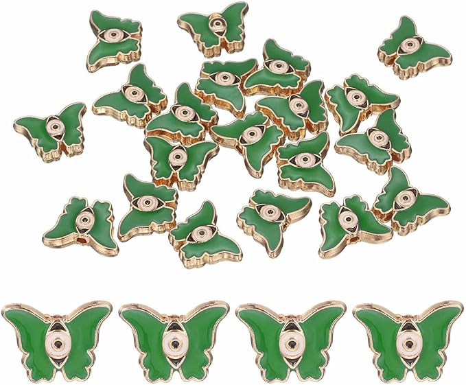 MECCANIXITY 20 Pcs Butterfly Evil Eye Beads Colorful Flat Loose Spacer Evil Eye Charms for DIY Bracelet Earrings Necklace Crafts Jewelry Making, Green