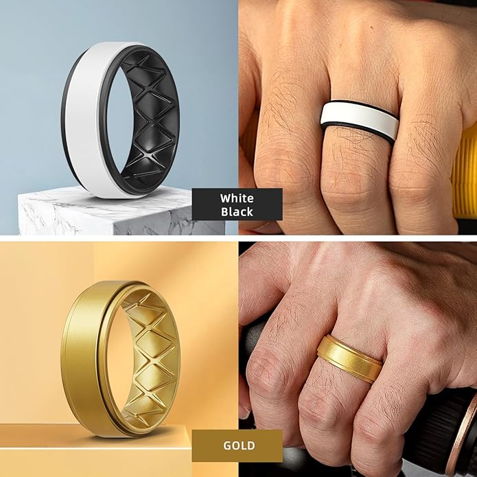 Egnaro Silicone Rings for Men 1/4/5/6/7 Multipack of Breathable Mens Silicone Rubber Wedding Rings Bands - Step Edge