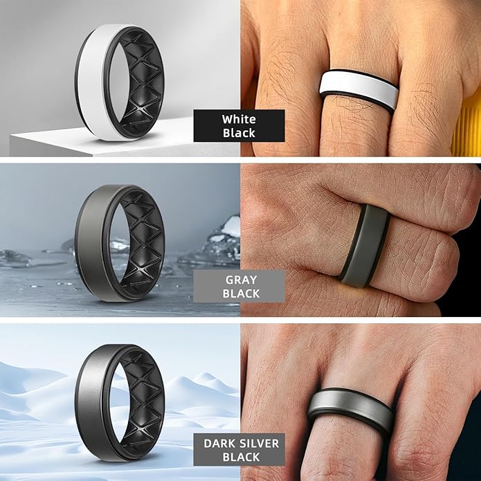 Egnaro Silicone Rings for Men 1/4/5/6/7 Multipack of Breathable Mens Silicone Rubber Wedding Rings Bands - Step Edge