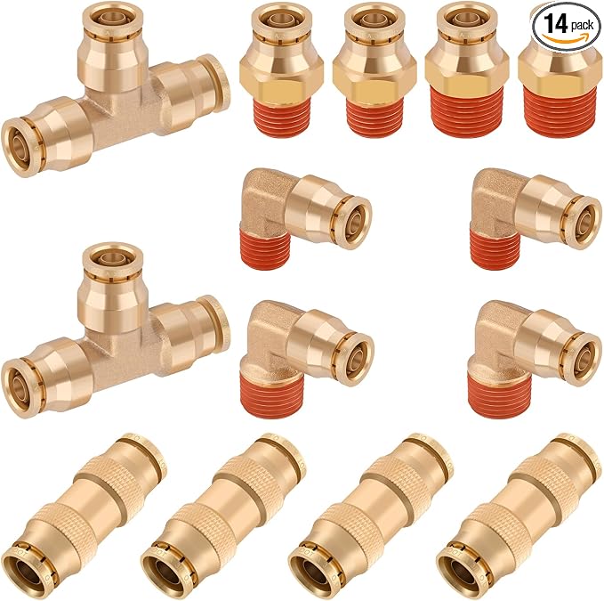 14 Pcs 3/8" Brass DOT Air Line Fittings Kit 1/4" 3/8" DOT Push Lock Air by XaXmTee