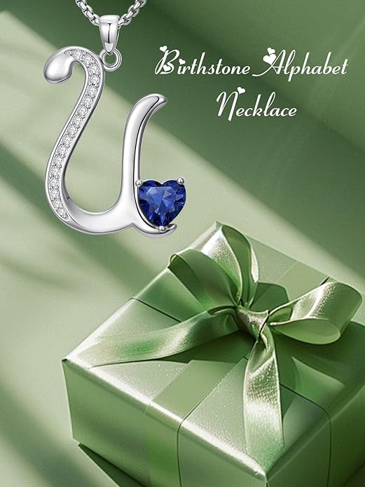 Valentines Day Gifts for Women Alphabet A to Z Initial Birthstone Pendant Necklaces for Women - 18k White Gold Plated Personalized Name Jewelry Valentine Mothers Day Birthday Gifts for Women Her Girlfriend
