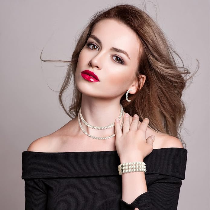 Glenmal Pearl Rhinestone Jewelry Set for Women Pearl Necklace Bracelet Earrings for Wedding Birthday Bridal Shower Tea Party