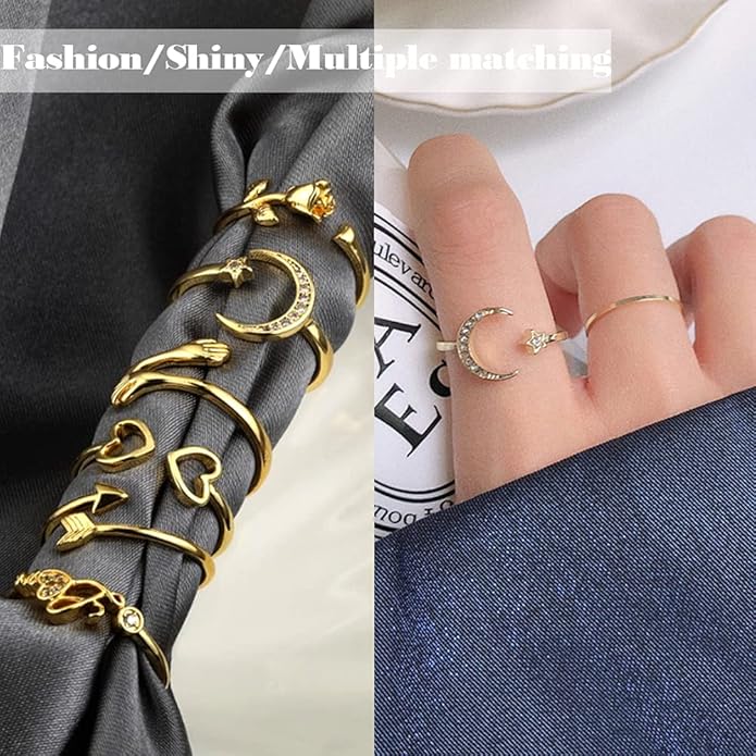 KOHOTA 12PCS Adjustable Knuckle Rings for Women 14K Gold Plated Silver Simple Stacking Rings Pack Open Knot Star Moon Butterfly Dainty Thumb Ring Set for Women