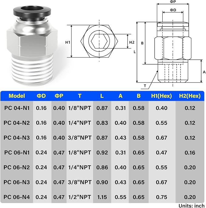 TAILONZ PNEUMATIC Male Straight 6mm Tube OD x 1/4 Inch NPT Thread Push to - Image 2