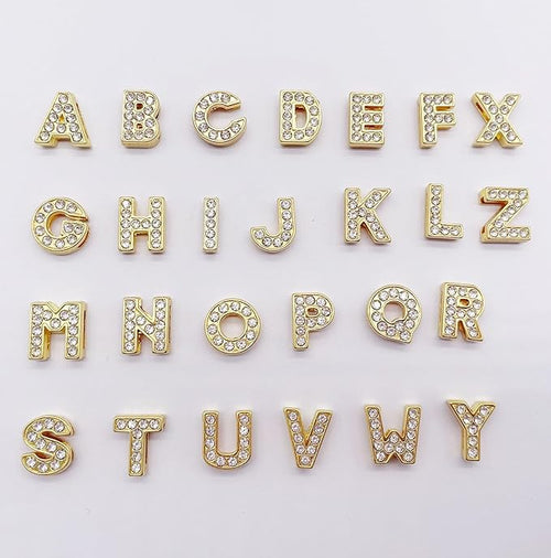 130 PCS A-Z Full Rhinestones Charms 8MM Slide Alphabet Crystal Letters for DIY Slide Wristbands Bracelets,Hair Clips,Jewelry Making Charms（130PCS Gold 8mm）