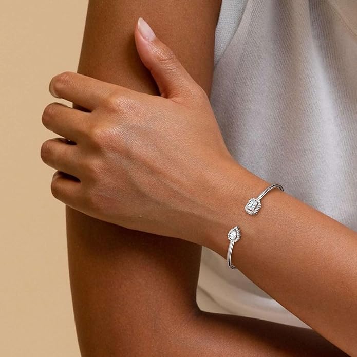 Moissanite Cuff Bangle for Women, D Color 4x6mm Emerald & Pear Moissanite, 925 Sterling Silver Dainty Bridal Cuff Bracelet, Fashion Wedding Jewelry for Her (Silver)