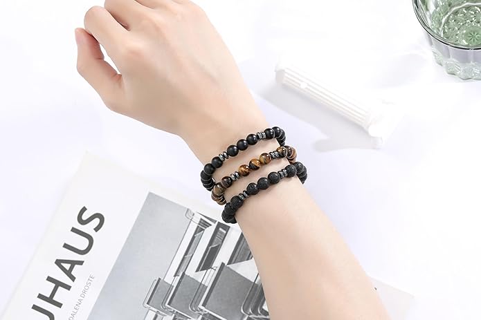XIANNVXI Natural Stone Beads Bracelet for Men Crystal Bracelets 8MM Tiger Eye Lava Rock Obsidian Beaded Bracelet Set Black/Red/Blue Crystal Beaded Bracelets for Men