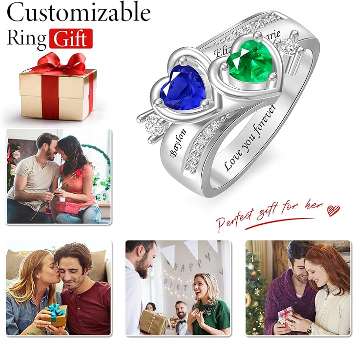 Personalized Heart Birthstone Rings for Women with 2 Birthstones Custom Name Rings for Couple Mother Daughter Jewelry Gift for Mother Her Christmas