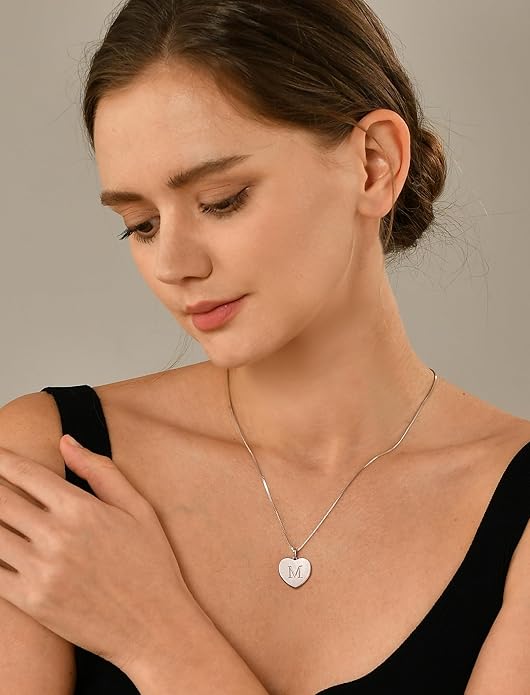 YL Initial Necklace 925 Sterling Silver Square/Round/Heart Letter Pendant A-Z Alphabet Polished Jewelry for Women