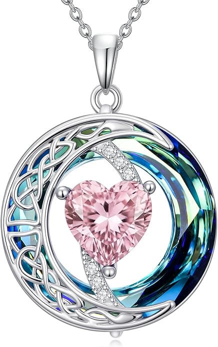 Valentines Day Gifts for Women, Birthstone Necklace for Women, Celtic Moon Pendant Blue Crystal Necklace Heart Jewelry Anniversary Jewelry Gift for Daughter Wife Mother Sister