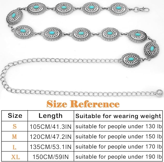 Women's Concho Chain Belt Western Cowgirl Metal Waist Chain Belt for Dress