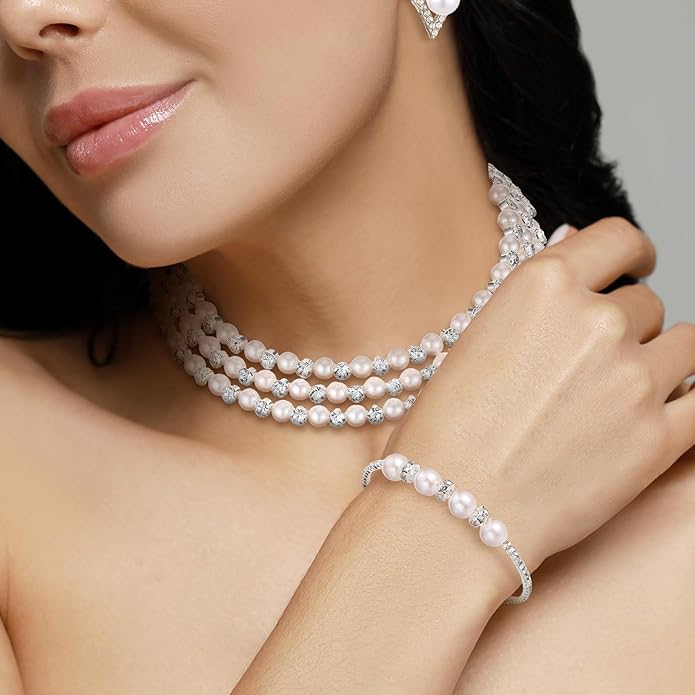 Glenmal Pearl Rhinestone Jewelry Set for Women Pearl Necklace Bracelet Earrings for Wedding Birthday Bridal Shower Tea Party