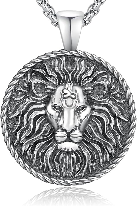 Cuoka Lion Necklace for Men Women S925 Sterling Silver King Retro Punk Gothic Hip Hop Rock Animal Lion Head Pendant Charm Jewelry Chain Necklace Viking Protection Amulet Necklaces