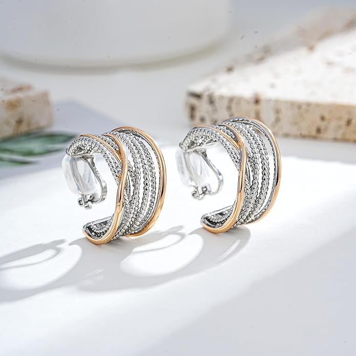 Gold and Silver Clip-On Earrings Two Tone Mixed Metal Clip-On Earrings Chunky Hoop Clip Earrings