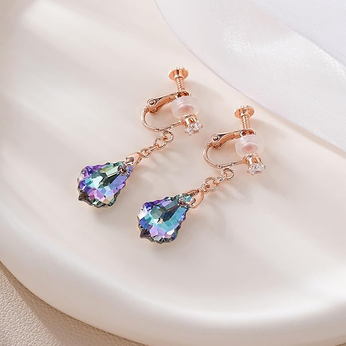 Austrian Crystal Baroque Drop Clip On Dangle Earrings for Women Non Pierced 14K Rose Gold Plated Hypoallergenic Jewelry