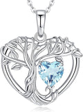 Tree of Life Necklaces for Women 925 Sterling Silver Heart Pendant Birthstone Necklace Created Gemstone Jewelry for Her, 18"+2"