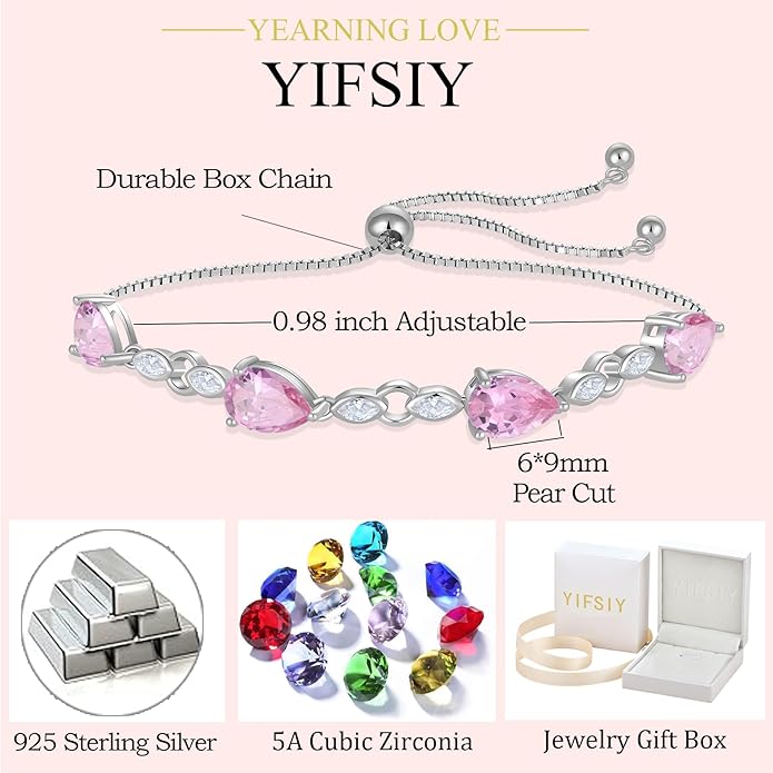 Teardrop Birthstone Bracelet for Women, S925 Sterling Silver Pear Cut Cubic Zirconia Bracelet Dainty Adjustable Chain Jewelry Gift for Her