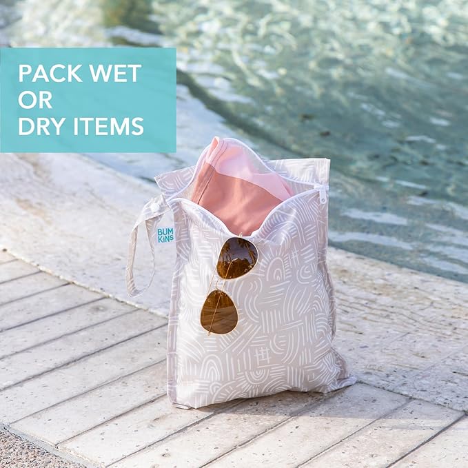 Bumkins - Waterproof Wet Bag & Clear Travel Bags - For Beach, Baby, Travel, Swim Suit, Cloth Diapers, Pump Parts, Pool, Gym, Toiletries - Reusable & Easy to Clean - Boho Beige - 4 Pack