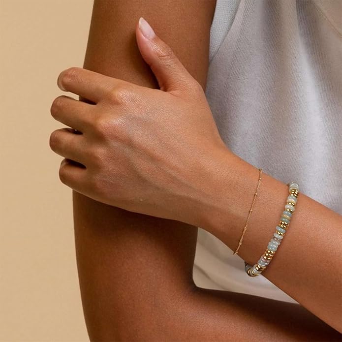 Beaded Bracelet for Women and Girl, Colorful Beach Boho Gems Bracelet 14K Gold Plated Stackable Handmade Bohemian Multicolor Natural Stone Bracelet
