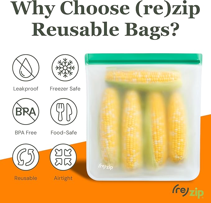 (re) zip Gallon Reusable Bags – BPA-Free, Leak-Proof, 100% Food-Safe PEVA Reusable Gallon Bags for Food Storage, Meal Prep, and Freezer Use, Holds 16 Cups / 128 Fl Oz | 4-Pack (Multi Color)