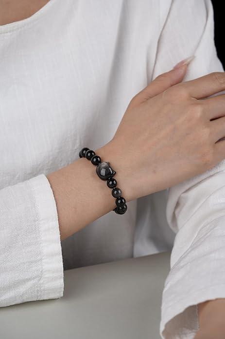 Black Obsidian Cat Bracelet and Moon Pendant Necklace Jewelry Set-Cat Lover Gifts,Wealth Attraction,Good Luck,Bead Bracelet,Mindfulness,Beaded Bracelets, Obsidian Pendant Necklace-Cute Gifts for Women