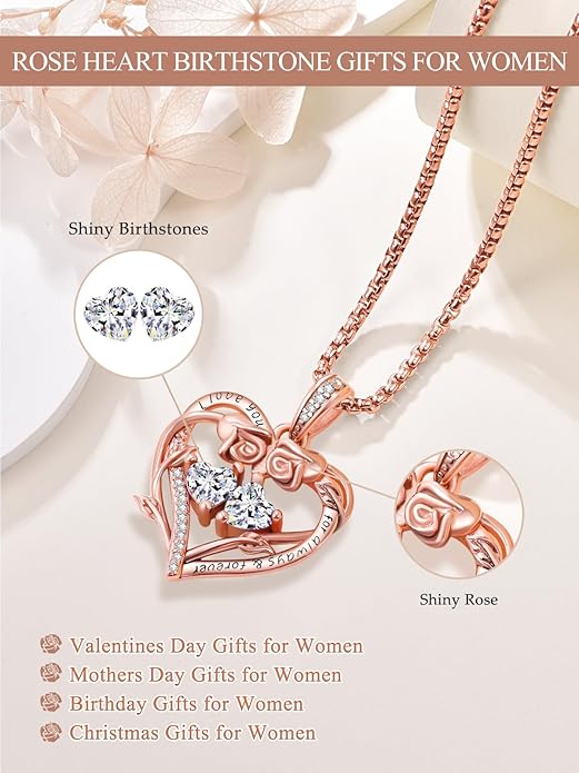 Rose Heart Necklaces for Women, Rose Gold Forever Love Jewelry with 2 Birthstones Pendant,Valentines Anniversarry Birthday Gifts for Her Wife Mom Grandma Daughter, 18+2 Inch Chain