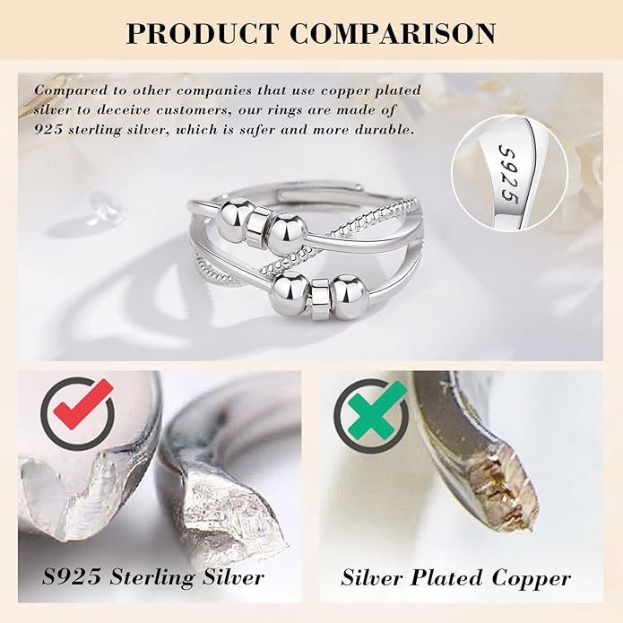 Vito 925 Sterling Silver Fidget Anxiety Ring for Women, Adjustable Open Spinner Ring Stress Relief Ring Stacking Band Anillos Jewelry Gift for Mom Daughter