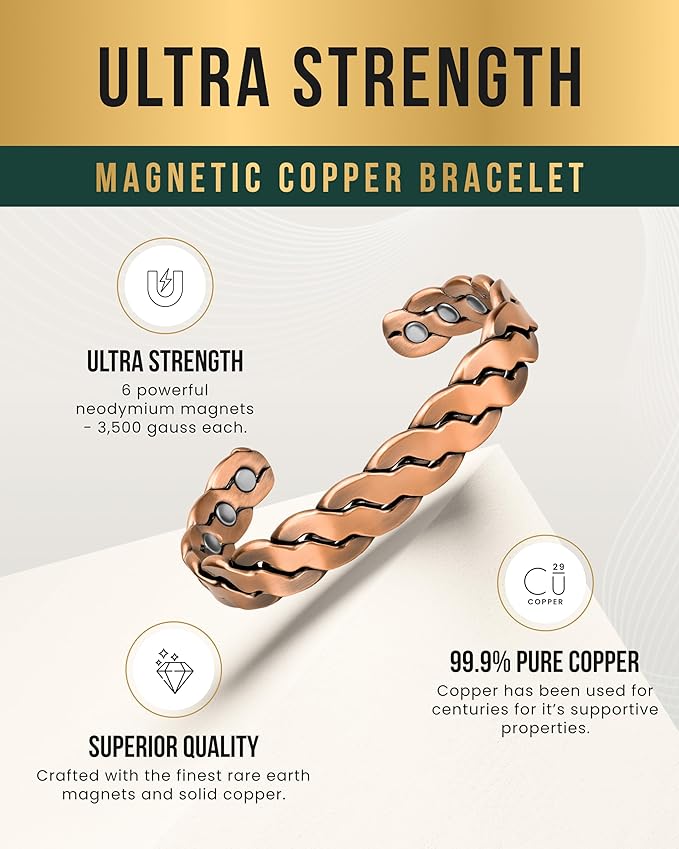 MagnetRX Copper Magnetic Bracelets – Effective Pure Copper Bracelet for Men and Women – Adjustable Cuff Bangles (Twisted Copper)