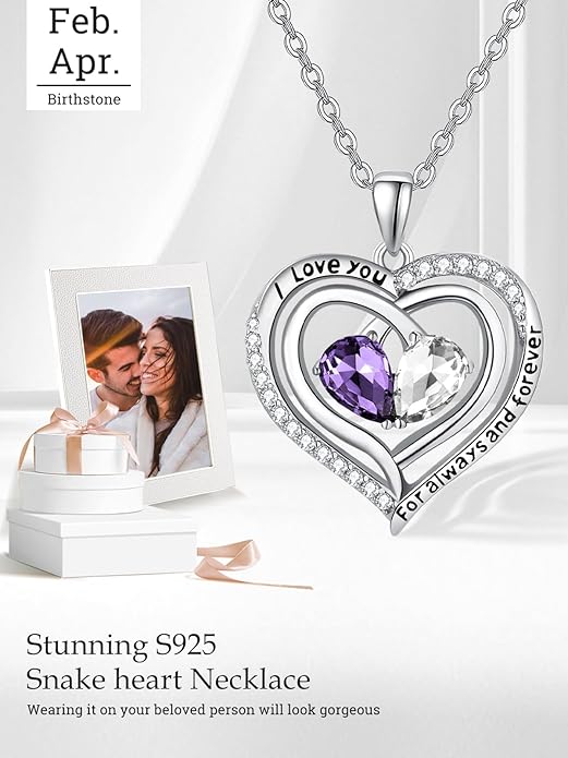 Valentine's Day Gifts for Wife 925 Sterling Silver Double Birthstone Pendant Necklaces I Love You for Always and Forever Necklace Anniversary Birthday Gifts for Wife Girlfriend Mom Her