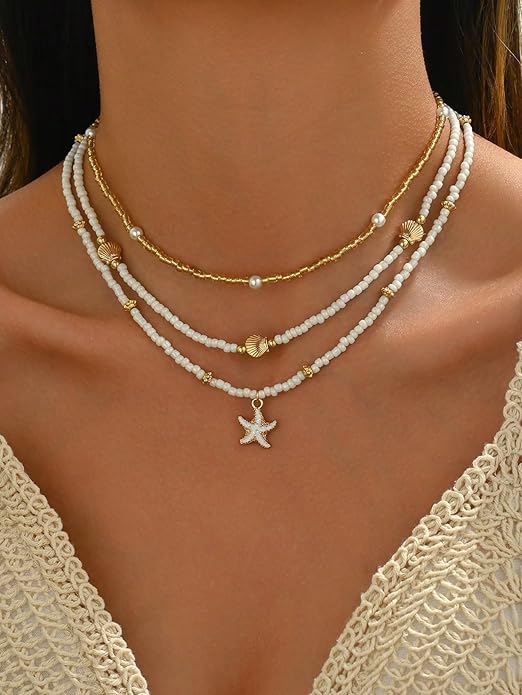 Women's Shell Starfish Boho Layered Beaded Necklace Choker for Summer Beach Vacation Gifts for Birthday/Anniversary/Christmas