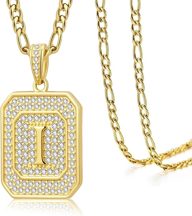 Initial Letter Pendant Necklace for Men Women, 14K Gold Square Monogram Alphabet Necklace with Figaro Chain, Valentines Day Birthday Gifts for Him Her