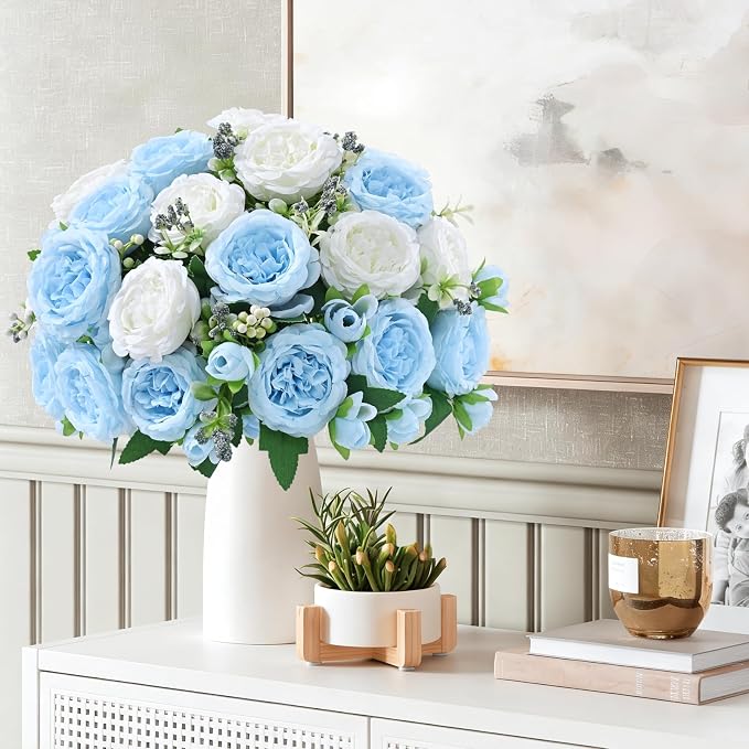 4 Packs Peonies Artificial Flowers Mixed White Blue Silk Artificial Peonies | - Image 8