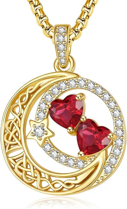 14K Gold Moon and Star Necklace Gifts for Women - Double Heart Birthstone Necklace, Valentines Wedding Anniversary Birthday Gifts for Her Wife Mom Daughter Grandma Sister