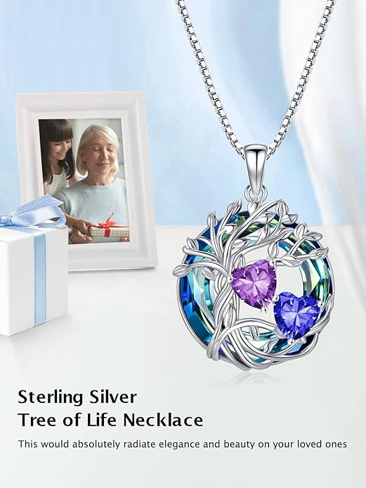 TOUPOP s925 Sterling Silver Family Celtic Tree of Life Pendant Necklaces with 2 Heart Birthstone with Blue Austrian Crystal Jewelry Birthday Valentines Day Gifts for Her, Anniversary Christmas Gifts for Wife Girlfriend Mom (18K Real White Gold Filled)