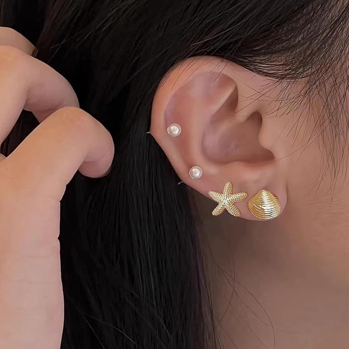Seashell Starfish Earrings Beach Jewelry for Women Pearl Drop Shell Earrings Ocean Beachy Fashion Accessories Womens Summer Outfits 2026 Tropical Vacation Outfits Beach Vacation Clothes Dresses