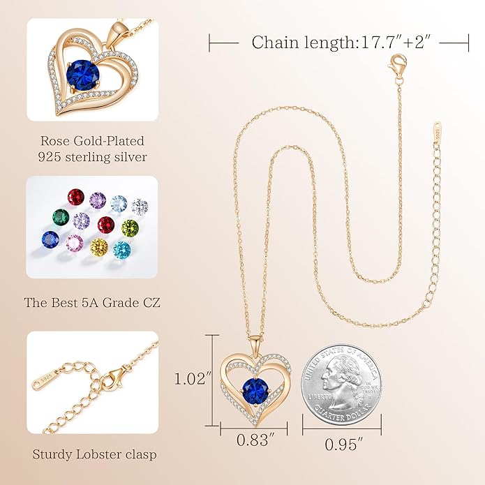 LOUISA SECRET Love Heart Birthstone Necklaces for Women, Birthday Gift for Girlfriend, Anniversary Jewelry Gift for Wife Her, 925 Sterling Silver Women Pendant Necklace, Mother's Day Christams Gift