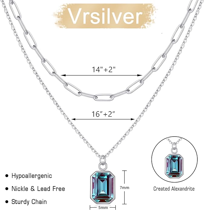 Layered Birthstone Necklace for Women Girls, 14K Gold-Plated Paperclip Chain Choker Necklace with Rectangle Birthstone Pendant Birthday Gifts for Women Girls Dainty Small
